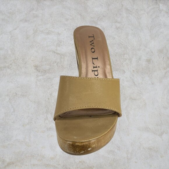 TWO LIPS -- Women’s Wedge Sandals, Extra High Wooden Heel, Cutout Design, Beige - Picture 6 of 8